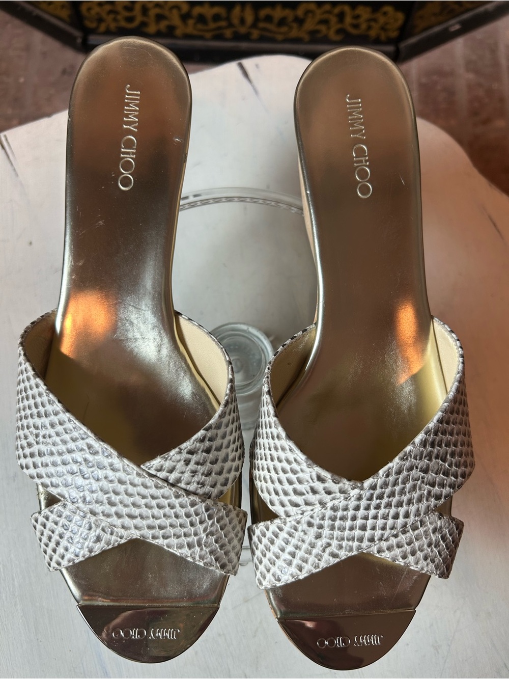 JIMMY CHOO Panna Cork Wedges Sandals Slides Gray Snake Print 40 EU 9 US